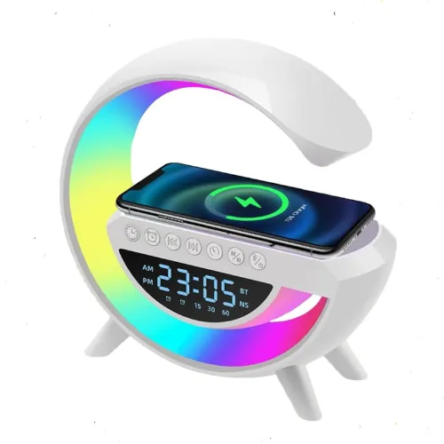 مصباح ليلي DECO BT-3401 متعدد الألوان 4 في 1 – شاحن لاسلكي، سماعة Bluetooth، ساعة منبه وإضاءة LED