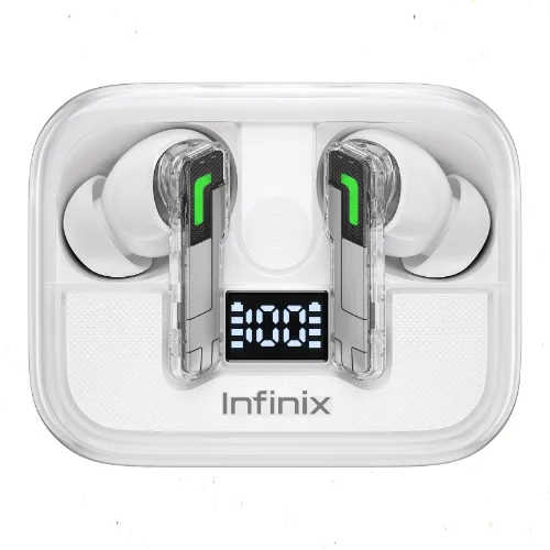 سماعة Infinix GTBuds 4 اللاسلكية XE35 باللون الأبيض، درايفرات تيتانيوم 12.4 مم، إلغاء ضوضاء ANC حتى 30dB، بطارية حتى 34 ساعة وBluetooth 6.0 – الأكثر ا